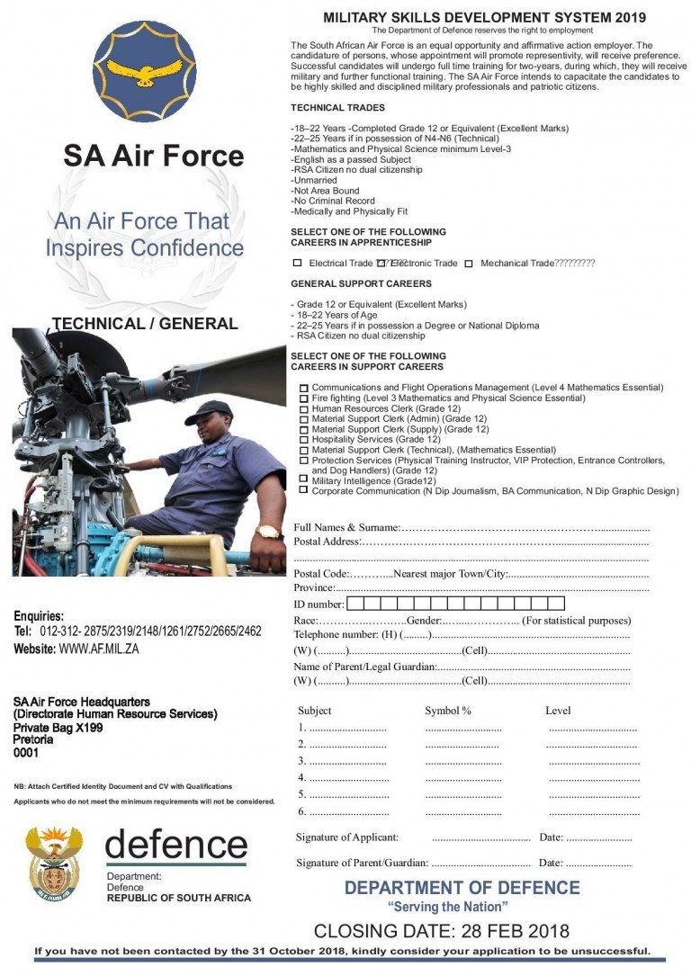 SA Army Air Force Military Skills Development System (MSDS) 2019